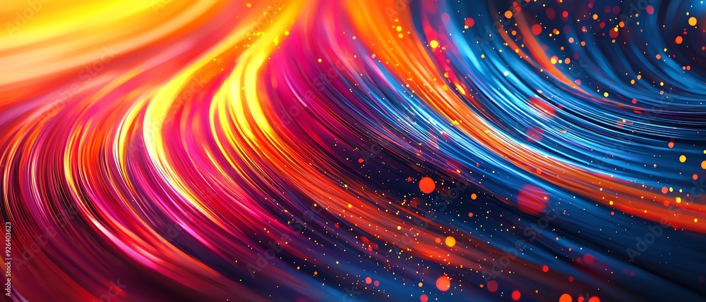 Poster vibrant abstract background featuring dynamic swirls of color in orange and blue, enhanced by sparkl