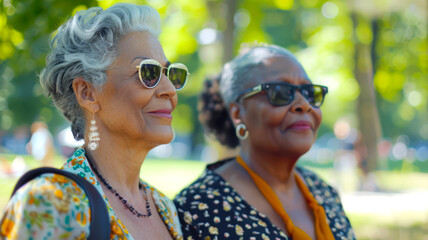 Two stylish old girlfriends are walking in the park in the summer. Two black older lesbians in sunglasses are sitting in the park and smiling. The concept of love and care. Women
