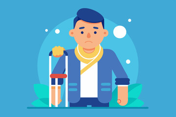 Sad and happy man with a broken arm and leg in a cast with a crutch and a fixing collar around his neck
