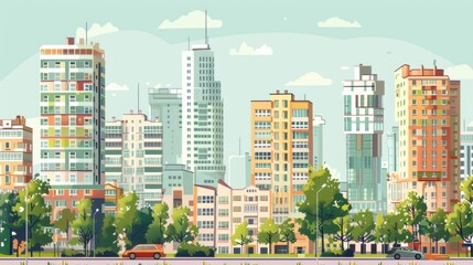 Fototapeta premium A vibrant illustration showcasing an urban cityscape with modern buildings, bustling streets, and architectural elements, capturing the dynamic essence of city life