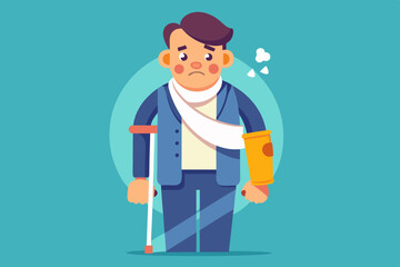 Sad and happy man with a broken arm and leg in a cast with a crutch and a fixing collar around his neck
