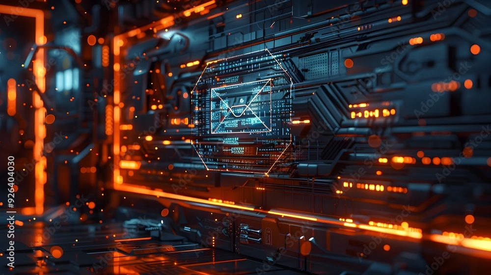 Poster futuristic metallic e mail icon with digital interface in high tech environment