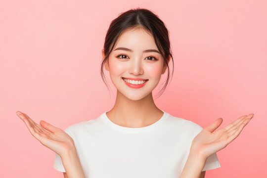 両手を広げてどっちにするかナビゲートする日本人女性（どっち・比較・おすすめ・PR・案内・メリット・デメリット）