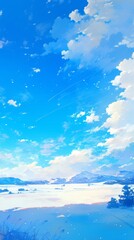Enchanting Winter Wonderland: Anime-Style 4K Scene of Vast Snowy Plains and Vibrant Blue Sky. Dreamy Landscape with Distant Trees, Perfect for 2025 Winter Marketing, UI Design, and Festive Holiday The
