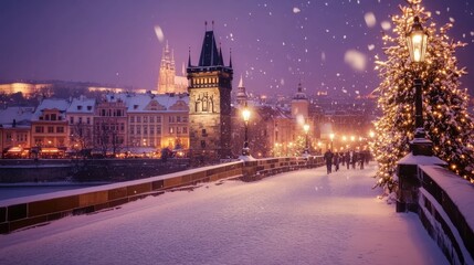 Fototapeta premium Gothic Castle in Snowy Nighttime Prague