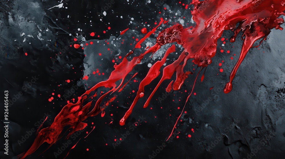 Poster abstract splash of red paint on a dark background, creating a dramatic visual effect.