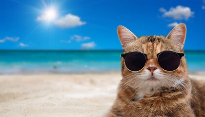 grumpy cat wearing sunglasses on the beach on summer holidays, travelling with cats concept
