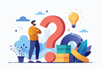 Concept of thinking and the emergence of ideas. A thinking or doubting man is near a big question mark
