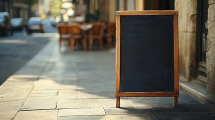 Blank chalkboard sign on a sidewalk in front of a restaurant.