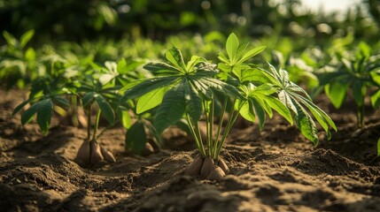 Green manioc leafs and brown roots in garden.