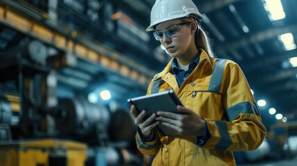 Professional Heavy Industry Engineer Worker Using Digital Tablet in Factory Wearing Safety Gear