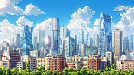 Obraz premium A vibrant illustration showcasing an urban cityscape with modern buildings, bustling streets, and architectural elements, capturing the dynamic essence of city life