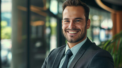 Fototapeta premium Confident Businessman Smiling in Modern Office