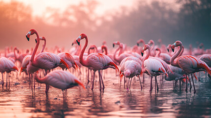 Obraz premium Flamingos gather in a vibrant flock at the Keoladeo National Park, a sanctuary in Bharatpur, India. --ar 16:9 --v 6.1 Job ID: 7a93b542-72a7-40d8-abab-38b2978a6d5f
