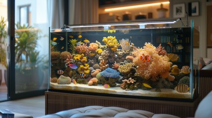 Fototapeta na wymiar A Serene Aquarium With Vibrant Coral and Colorful Fish in a Cozy Living Room Setting