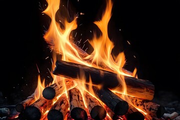 Close-up of a fiery inferno consuming logs in a bonfire.