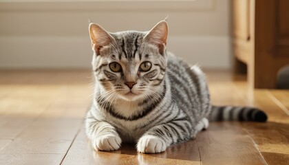 A silver American Shorthair cat rests comfortably on a hardwood floor, bathed in natural light, with its expressive eyes and distinct markings making it a picture of feline grace