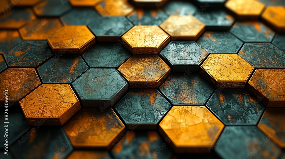 Poster close-up of textured hexagonal tiles with a blend of blue and gold colors, perfect for modern backgr