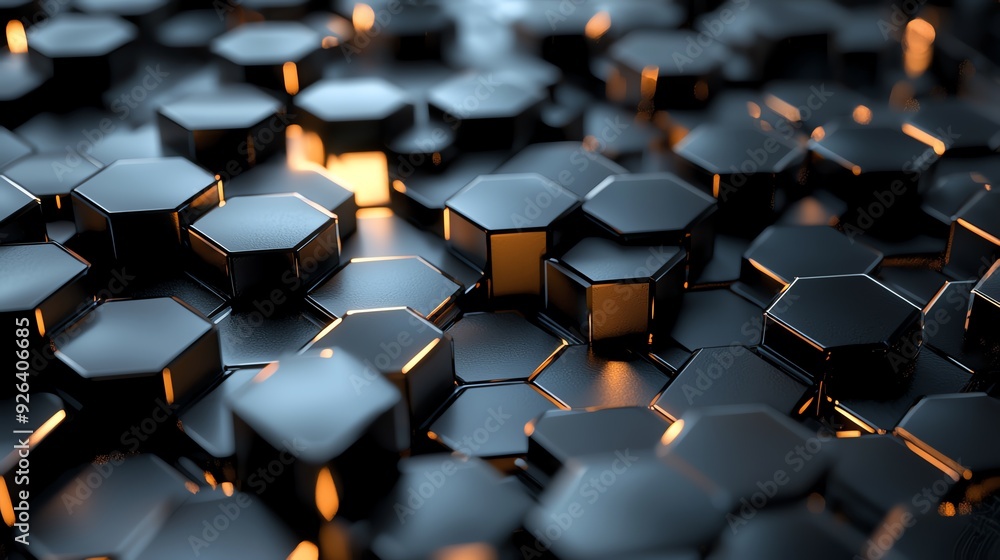 Poster close-up of hexagonal shapes with a sleek black surface and warm lighting, creating a modern and fut