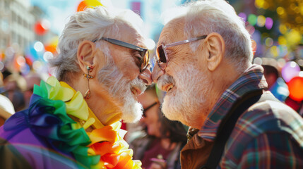 Gay pride parade. Two white old gray-haired men rub their noses against each other. Two elderly gay men kissing in the crowd