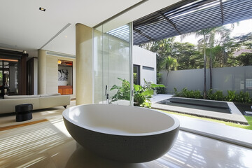 Fototapeta premium Luxury minimalist bath room, two floor high ceiling. Garden, courtyard view outside the window. Spacious modern bathtub. 
