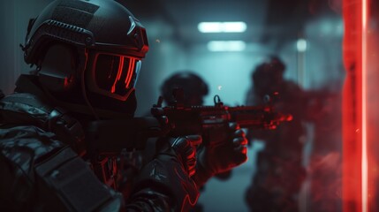 Ultra Realistic Tactical Action Scene from a Computer Game with Armed Soldiers in Tense Combat Environment