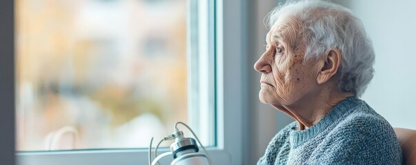 A poignant image of an elderly person looking out of a window, with medical equipment such as an oxygen tank nearby, symbolizing the impact of respiratory diseases on daily life