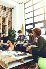 Office, documents and business people on sofa for meeting, planning and feedback for startup...