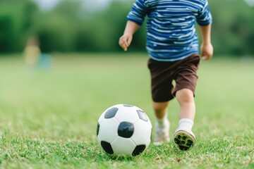 A scene of a child participating in a sports activity, like kicking a soccer ball, showcasing the development of physical coordination and teamwork