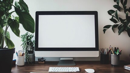 A white desktop computer with a blank screen sits on a wooden desk with a white keyboard, mouse, and potted plants.