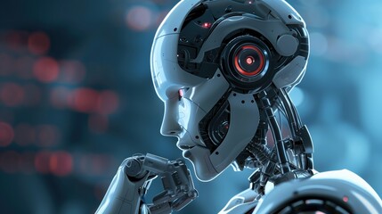 Fototapeta premium Futuristic Robot Design Featuring a Thoughtful Mechanical Assistant with Advanced Technology Background