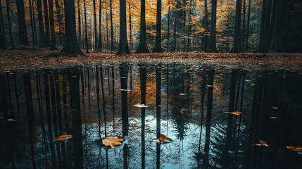 Still, Dark Forest Pond with a Perfectly Clear Reflection of Surrounding Trees, Interrupted Only by Ripples from a Falling Leaf. AI generated illustration
