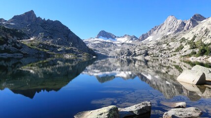 Tranquil Mountain Lake Surrounded by Tall Snow-Capped Peaks with a Glass-Like Surface Reflecting the Clear Sky and Rugged Landscape. AI generated illustration