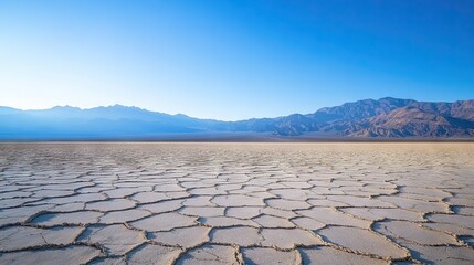 Vast, Desolate Landscape of Cracked Earth and Salt Flats with Distant Mountains and a Cloudless Sky. AI generated illustration