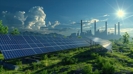 Solar Panels in Green Landscape with Nuclear Power Plant in the Background Under Bright Sunlight