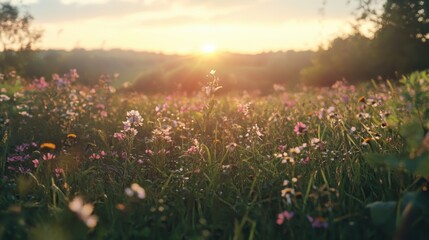 Wildflowers bloom in a meadow as the sun sets, creating a picturesque landscape filled with color and tranquility