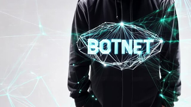 A hooded figure stands with the word BOTNET illuminated in glowing blue, surrounded by a network of interconnected lines, symbolizing the hidden and dangerous nature of botnets in cybersecurity