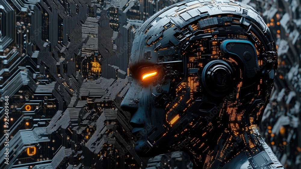 Poster 2d illustration of artificial intelligence with a robotic face and circuit board background. emphasi