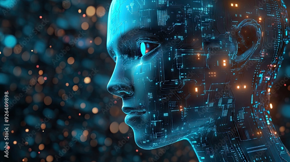 Poster 2d illustration of artificial intelligence with a robotic face and circuit board background. emphasi