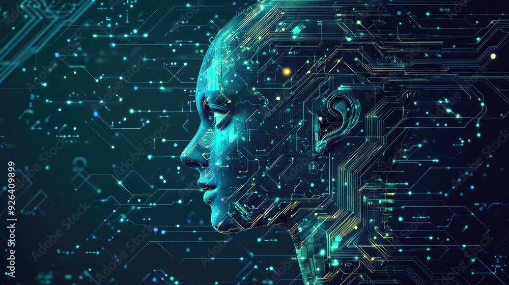 Poster 2d illustration of artificial intelligence with a robotic face and circuit board background. emphasi