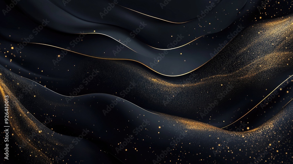 Poster 3d black background with flowing gold lines and shimmering accents, creating a sophisticated, luxury