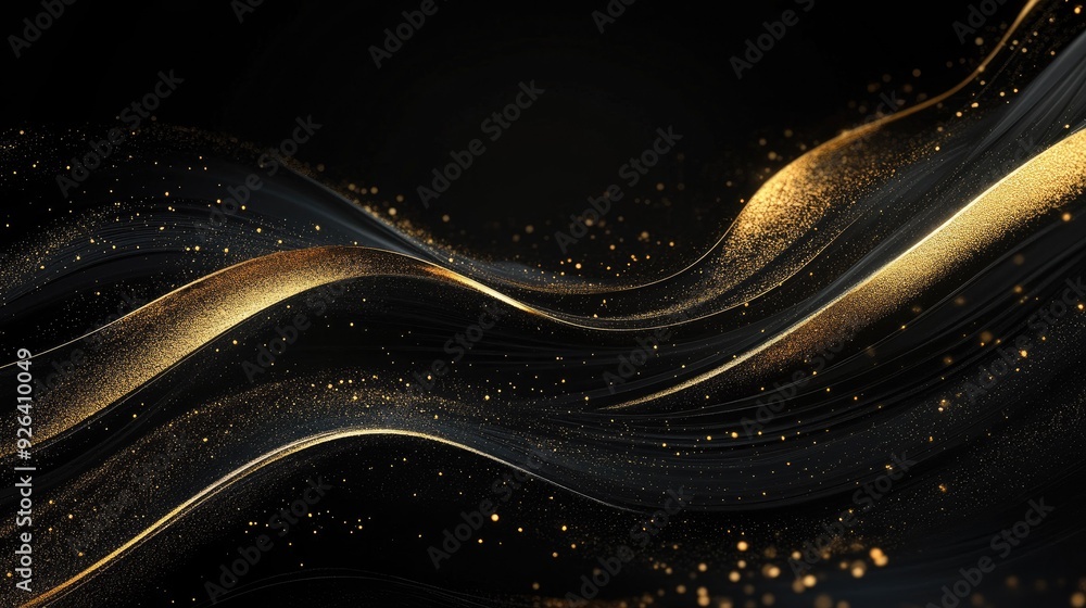 Poster 3d black background with flowing gold lines and shimmering accents, creating a sophisticated, luxury