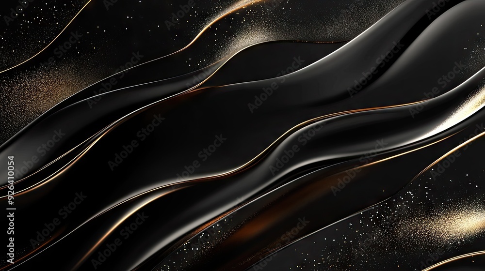 Poster 3d black background with flowing gold lines and shimmering accents, creating a sophisticated, luxury