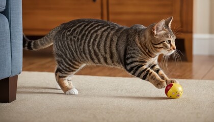 Naklejka premium A young American Shorthair cat reaches out to a red toy car, engaged in a moment of exploration and play, perfectly capturing the curious nature of cats in a comfortable indoor space