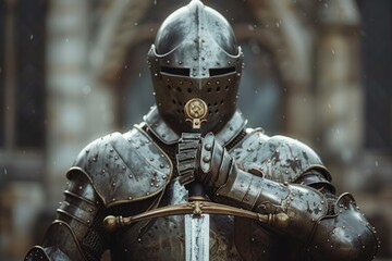 Knight holding sword in armor portrait