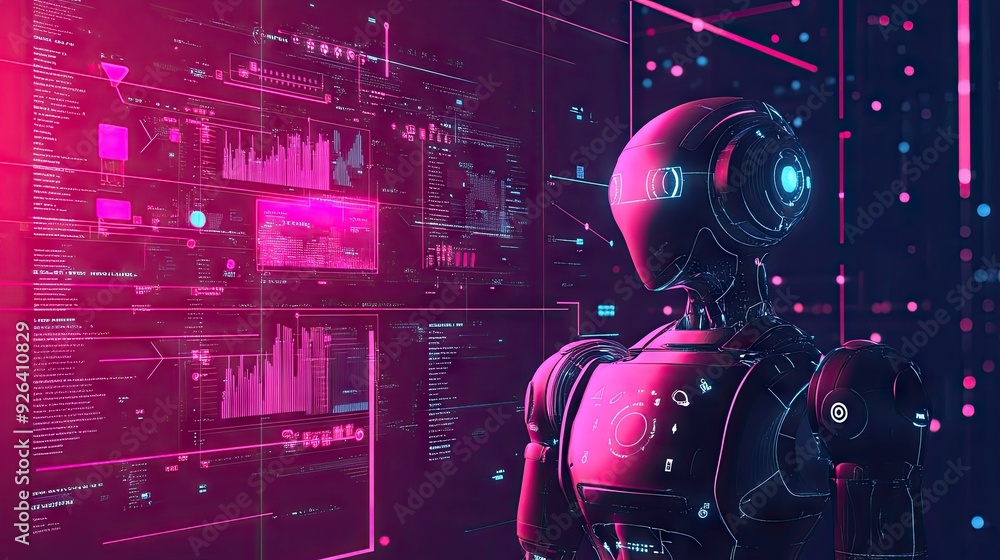 Poster abstract 2d ai concept featuring a stylized robot and data analytics. clean design showcasing artifi