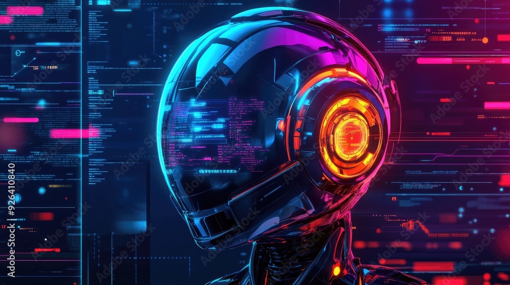 Poster abstract 2d ai concept featuring a stylized robot and data analytics. clean design showcasing artifi