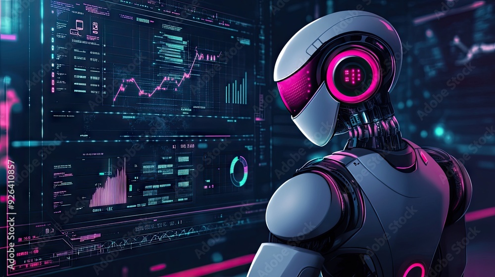 Poster abstract 2d ai concept featuring a stylized robot and data analytics. clean design showcasing artifi