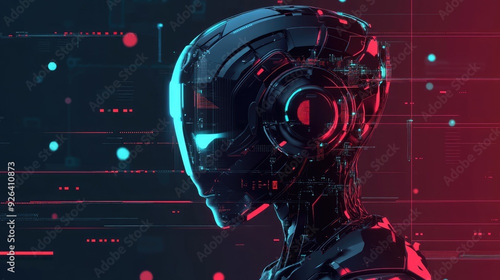 Poster abstract 2d ai concept featuring a stylized robot and data analytics. clean design showcasing artifi