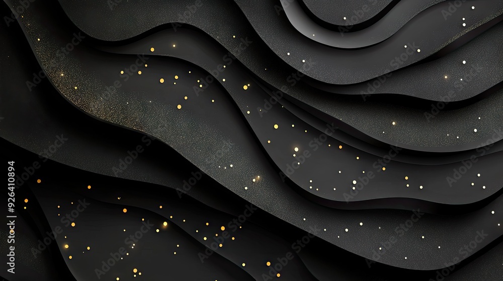 Aufkleber abstract 3d background featuring black paper layers with geometric carbon slices and golden glitteri